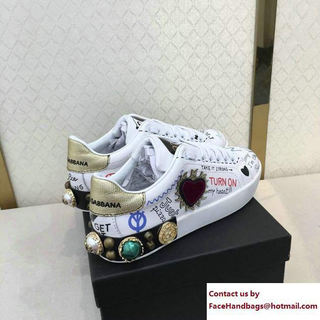 Dolce  &  Gabbana Leather Sneakers Heart Patch And Stud White 2017